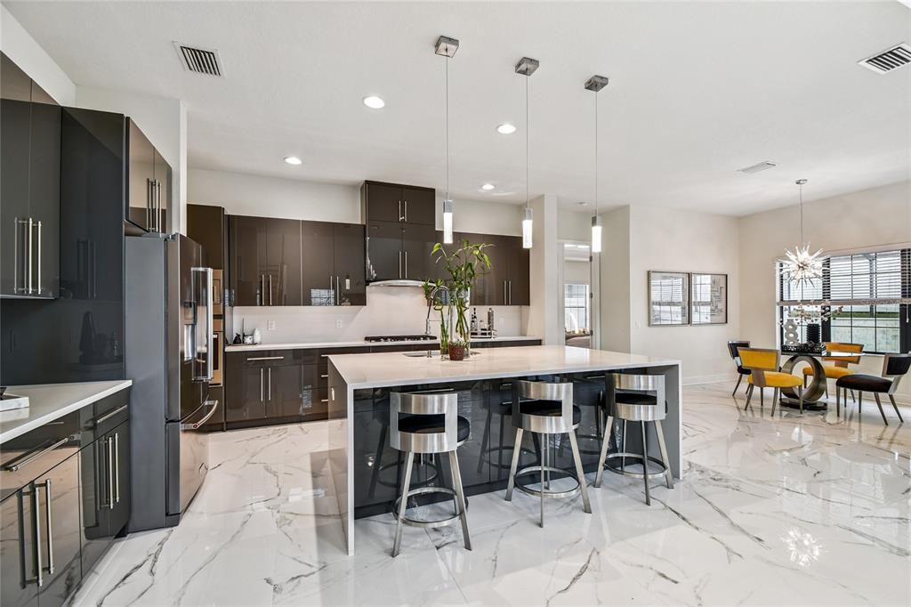 Dining room, Interior, Kitchen, Marble, Pendant Lights, Recessed Lighting