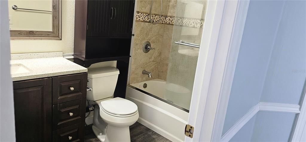 Bathroom, Glass Shower, Interior, Wood Texture Flooring