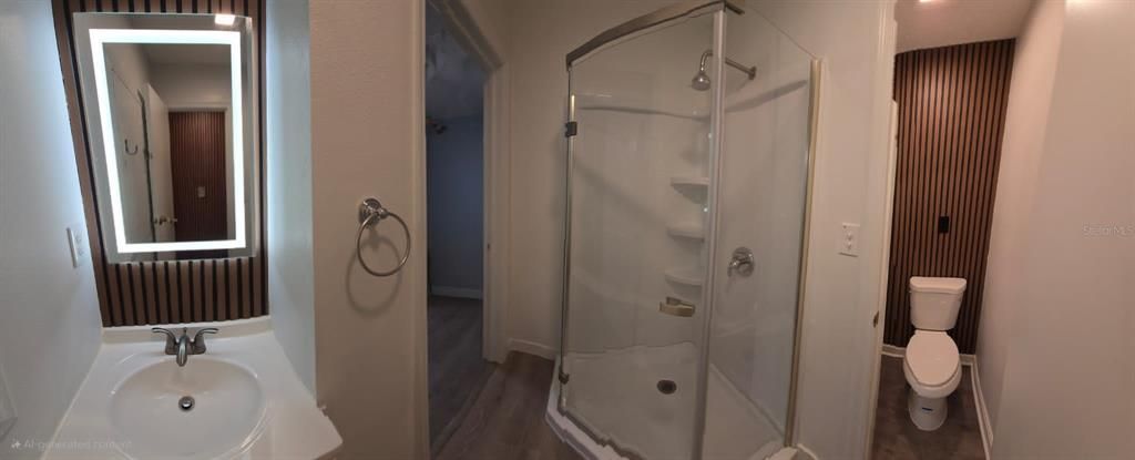 Bathroom, Glass Shower, Interior, Recessed Lighting, Wood Texture Flooring