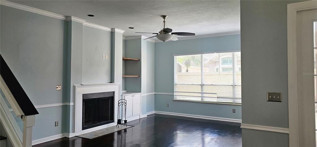 Fireplace, Interior, Recessed Lighting, Wood Texture Flooring
