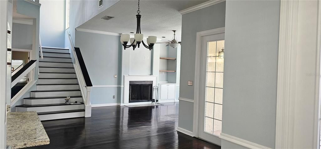 Fireplace, Interior, Pendant Lights, Wood Texture Flooring