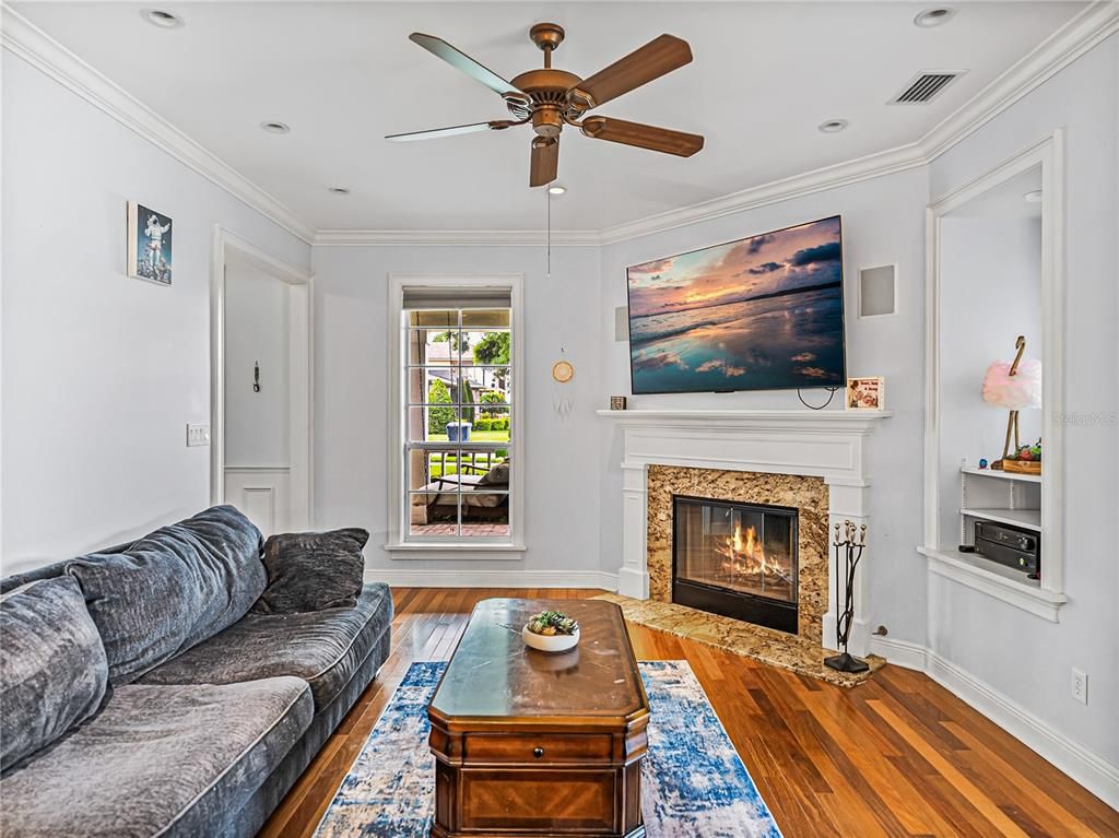 Fireplace, Interior, Living room, Recessed Lighting, Wood Texture Flooring