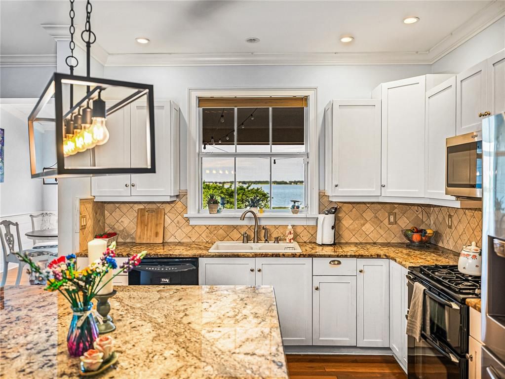 Interior, Kitchen, Pendant Lights, Recessed Lighting, Stainless Steel Appliances, Water, Wood Texture Flooring