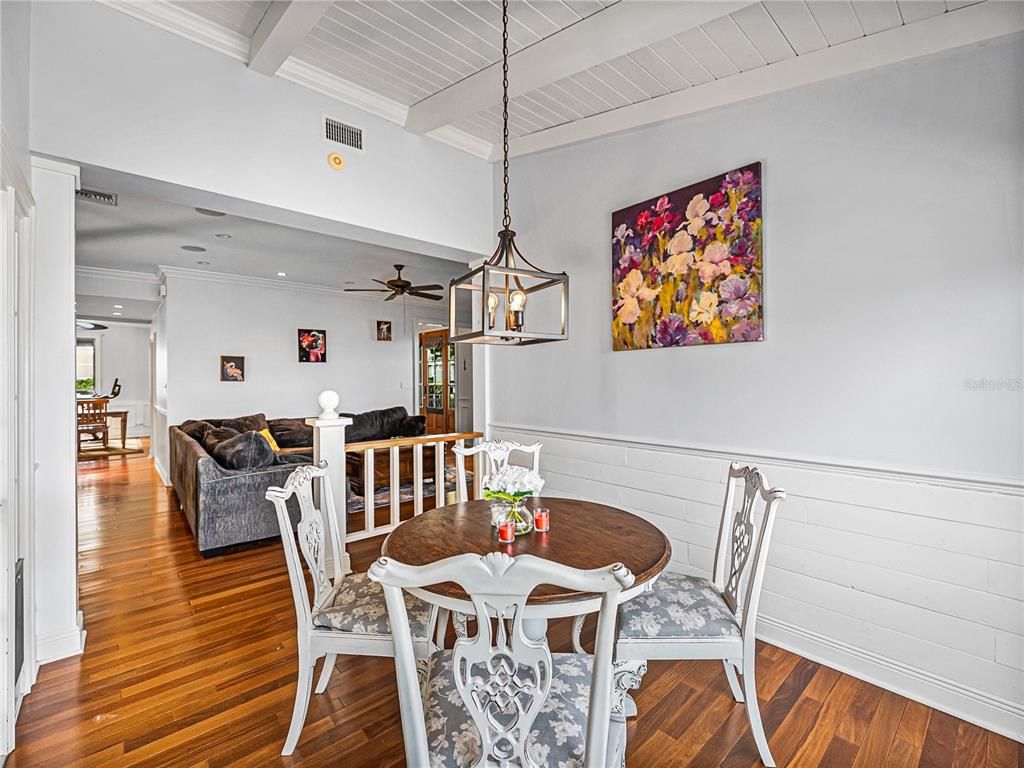 Dining room, Interior, Pendant Lights, Recessed Lighting, Wood Texture Flooring