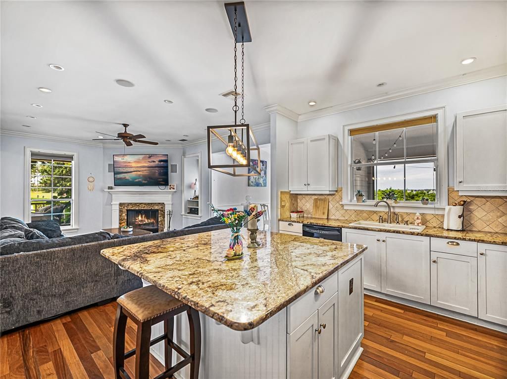 Fireplace, Interior, Kitchen, Living room, Pendant Lights, Recessed Lighting, Wood Texture Flooring