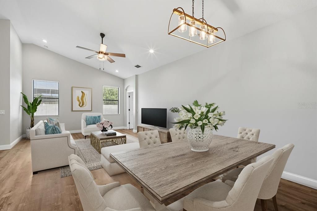 Dining room, Interior, Living room, Pendant Lights, Recessed Lighting, Wood Texture Flooring