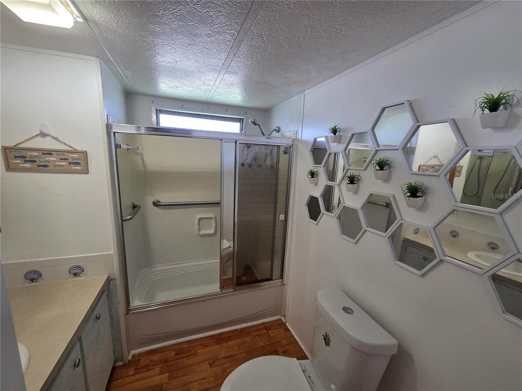 Bathroom, Glass Shower, Interior, Wood Texture Flooring