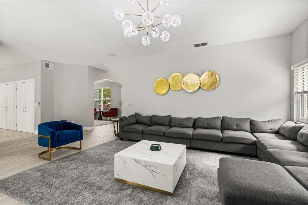 Interior, Living room, Pendant Lights, Wood Texture Flooring