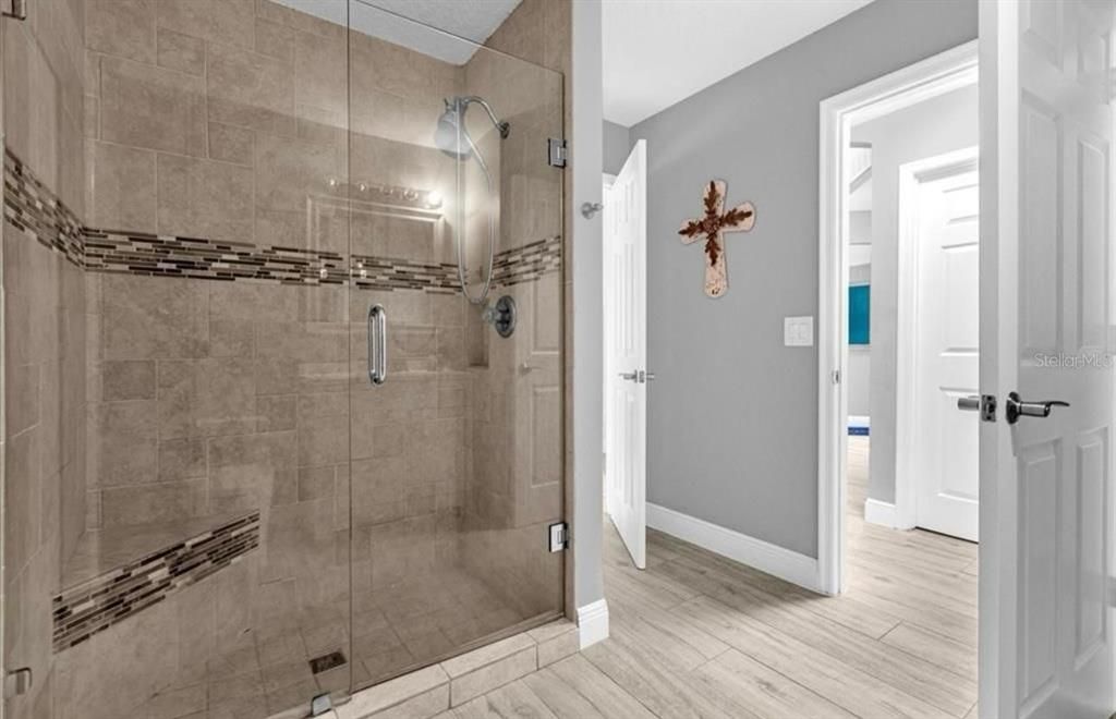 Bathroom, Glass Shower, Interior, Wood Texture Flooring