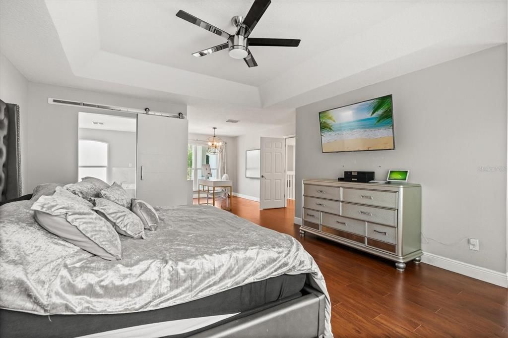 Bedroom, Chandelier, Interior, Wood Texture Flooring