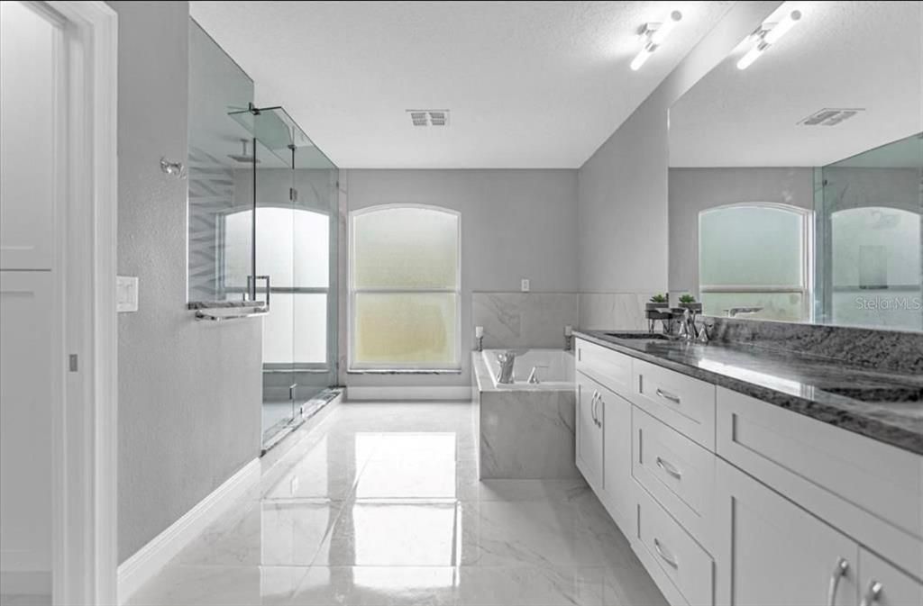 Bathroom, Dual Sink Vanities, Glass Shower, Interior, Marble