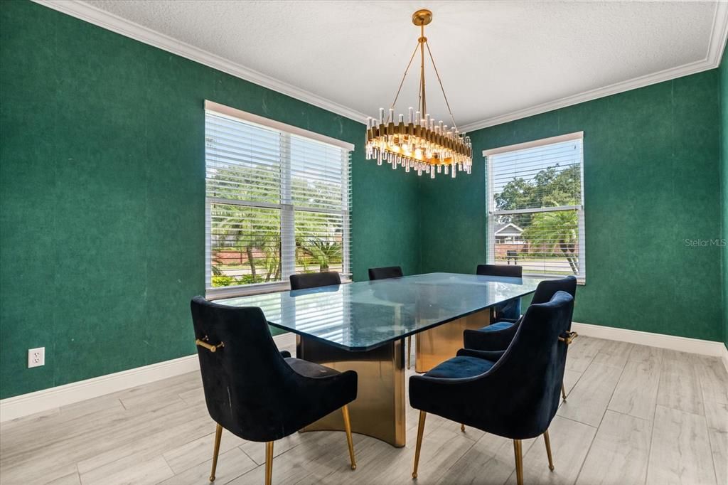 Dining room, Interior, Pendant Lights, Wood Texture Flooring