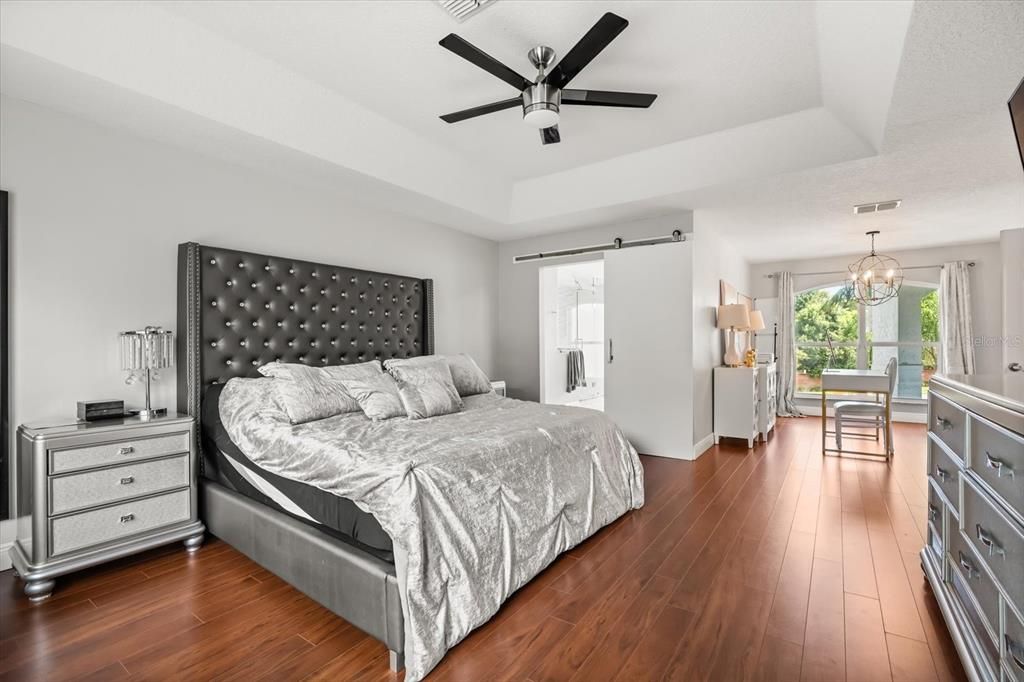 Bedroom, Chandelier, Interior, Wood Texture Flooring
