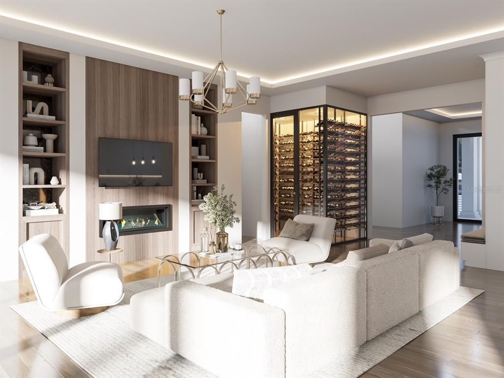 Chandelier, Fireplace, Interior, Living room, Pendant Lights, Wine Storage, Wood Texture Flooring