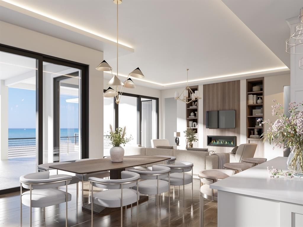 Dining room, Fireplace, Interior, Living room, Pendant Lights, Water, Wood Texture Flooring