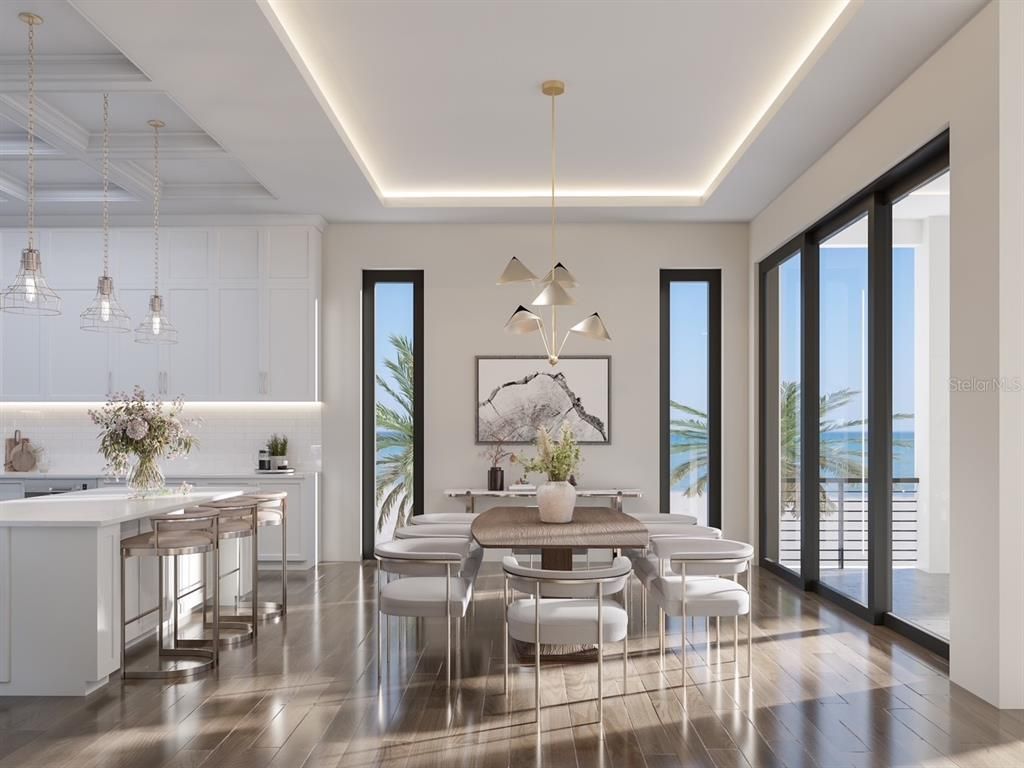 Dining room, Interior, Pendant Lights, Water, Wood Texture Flooring