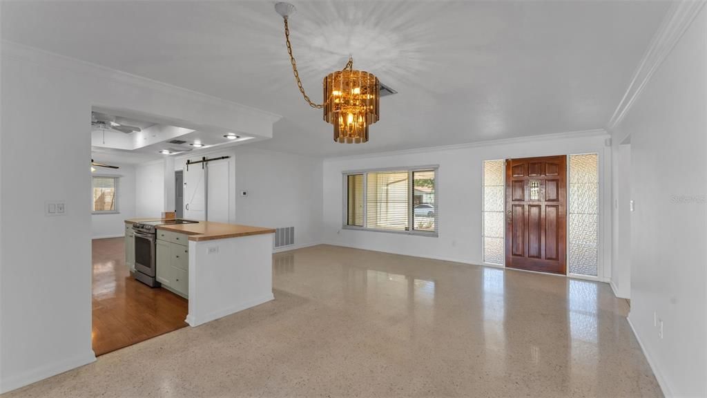 Chandelier, Empty room, Interior, Kitchen, Wood Texture Flooring