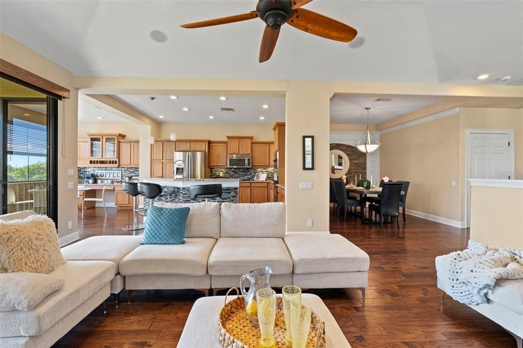 Dining room, Interior, Kitchen, Living room, Pendant Lights, Recessed Lighting, Stainless Steel Appliances, Wood Texture Flooring
