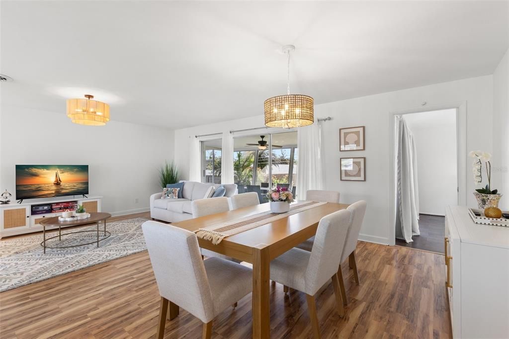 Dining room, Interior, Living room, Pendant Lights, Wood Texture Flooring