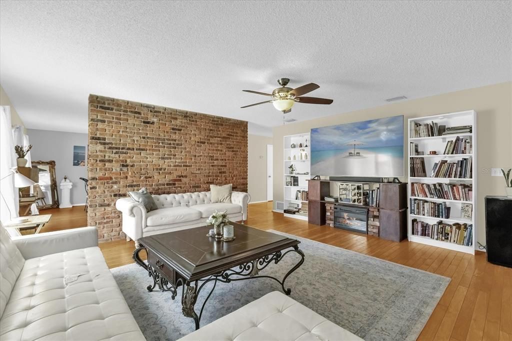 Fireplace, Interior, Living room, Stone Walls, Wood Texture Flooring
