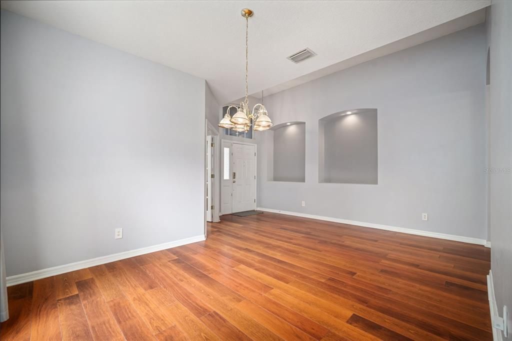Chandelier, Empty room, Interior, Pendant Lights, Wood Texture Flooring