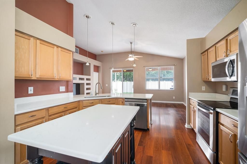Interior, Kitchen, Pendant Lights, Wood Texture Flooring