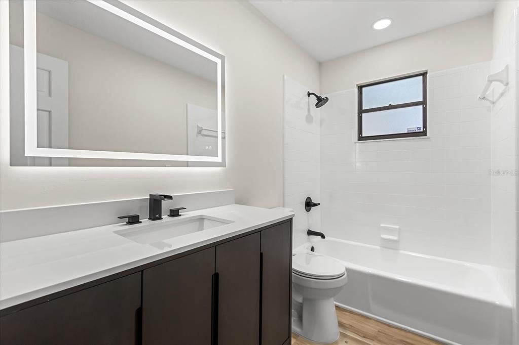 Bathroom, Interior, Recessed Lighting, Wood Texture Flooring