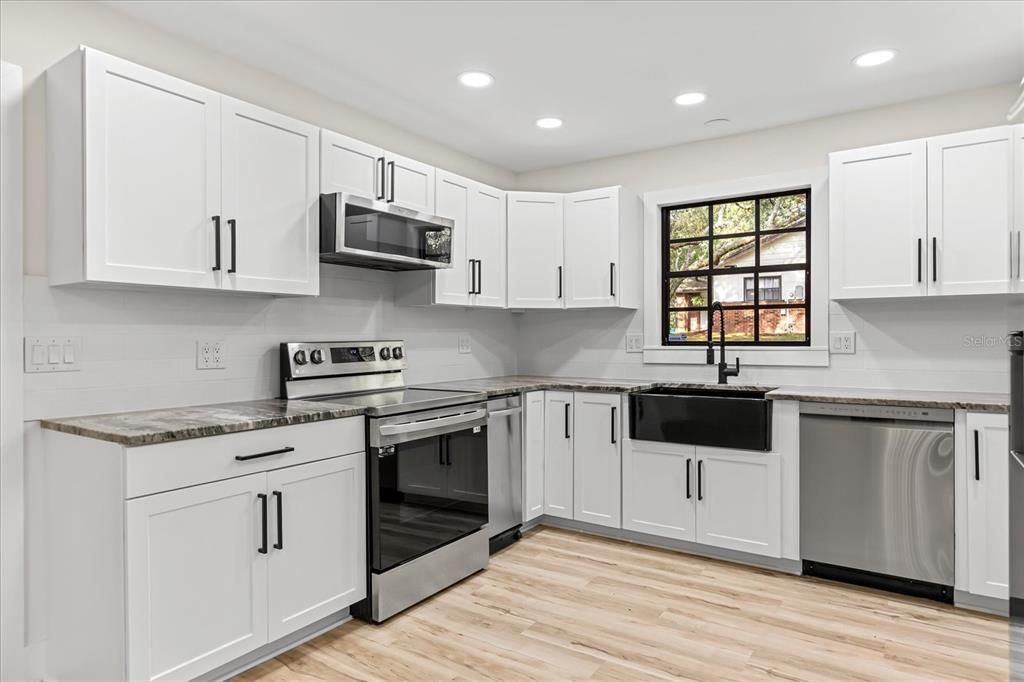 Interior, Kitchen, Recessed Lighting, Stainless Steel Appliances, Wood Texture Flooring