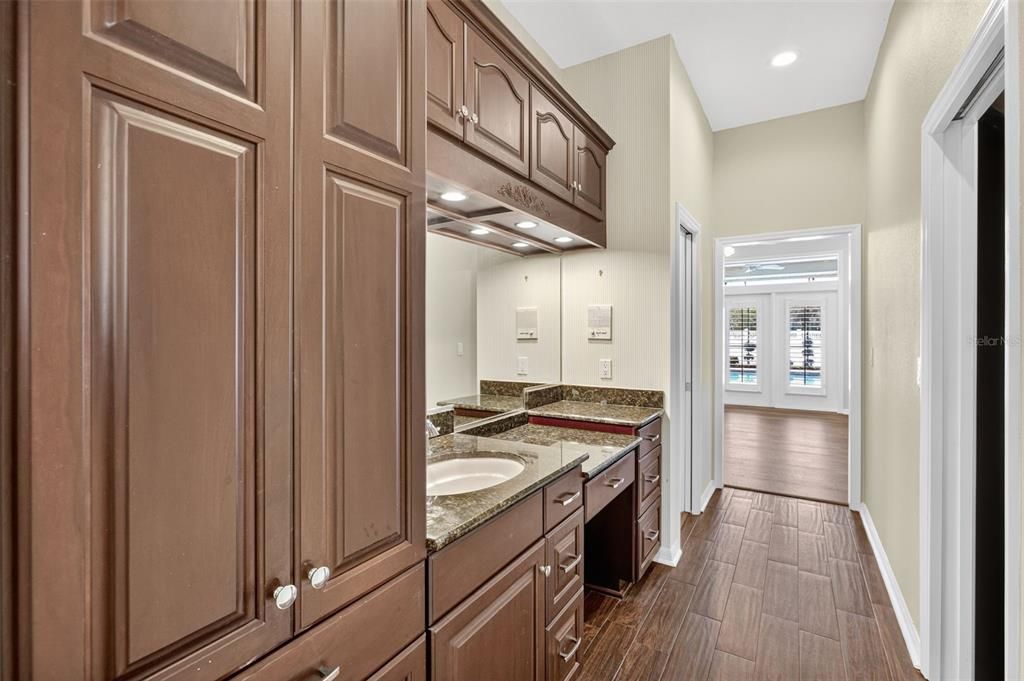 Bathroom, Dual Sink Vanities, Interior, Recessed Lighting, Wood Texture Flooring