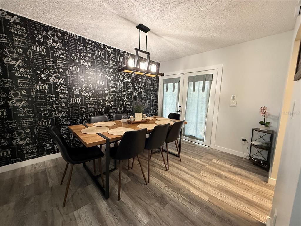 Dining room, Interior, Pendant Lights, Wood Texture Flooring