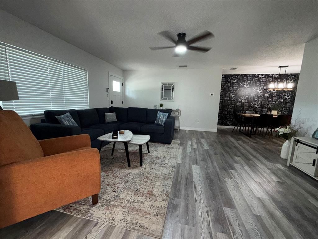 Dining room, Interior, Living room, Pendant Lights, Wood Texture Flooring