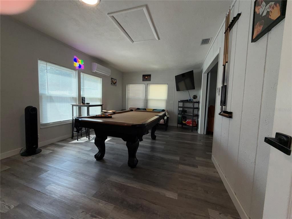Billiard Table, Game Room, Interior, Recessed Lighting, Wood Texture Flooring