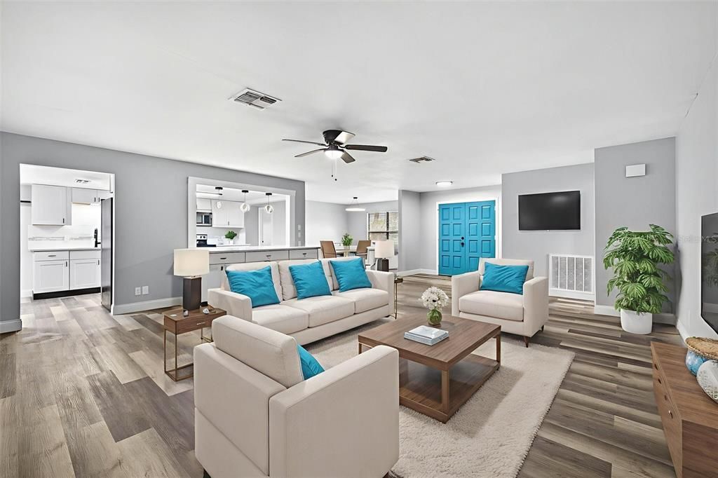 Interior, Kitchen, Living room, Recessed Lighting, Wood Texture Flooring