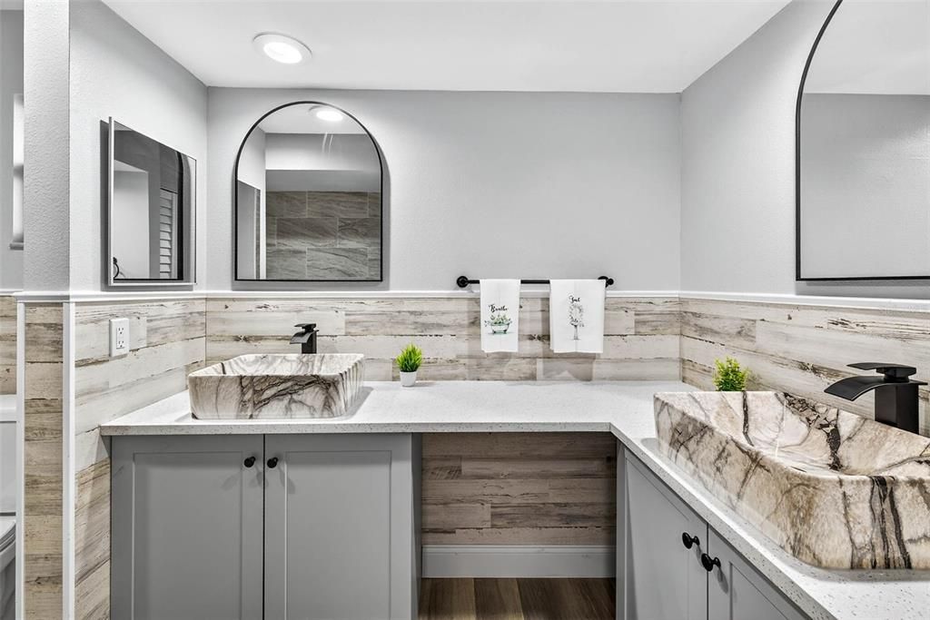 Bathroom, Interior, Recessed Lighting, Wood Texture Flooring