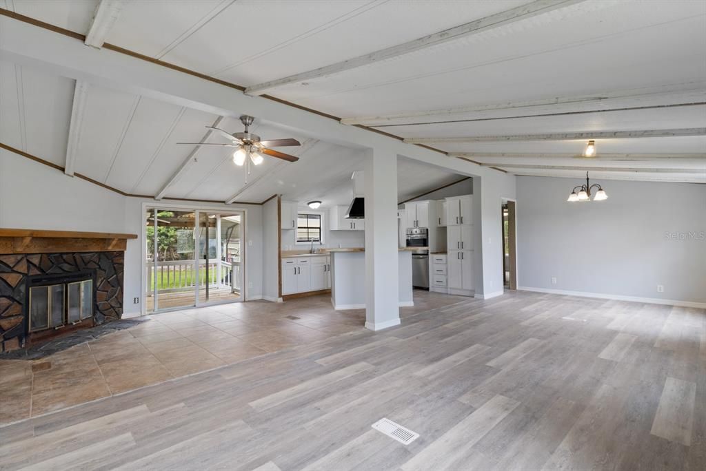 Empty room, Fireplace, Interior, Kitchen, Wood Texture Flooring