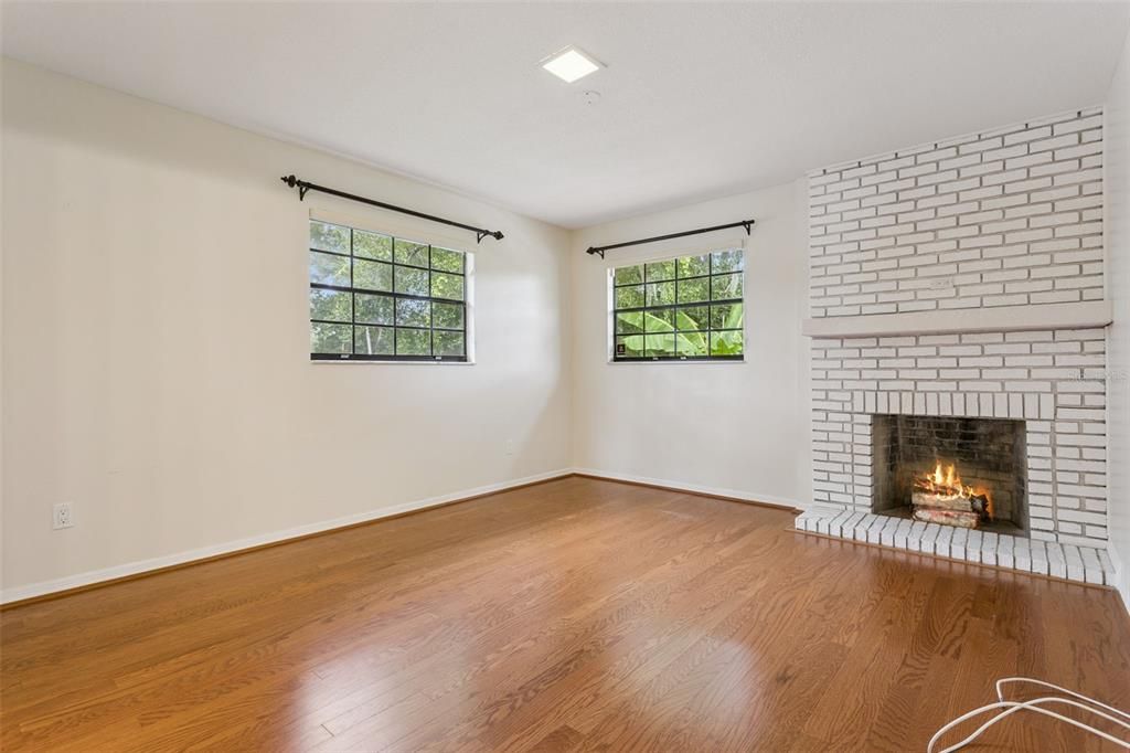 Empty room, Fireplace, Interior, Recessed Lighting, Wood Texture Flooring