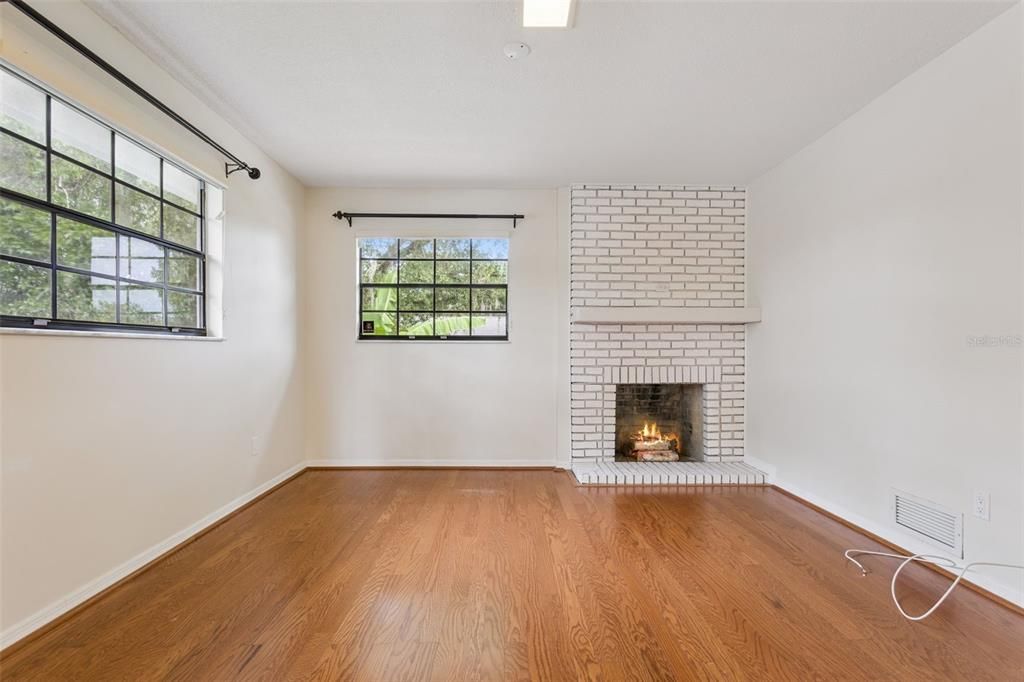 Empty room, Fireplace, Interior, Recessed Lighting, Wood Texture Flooring