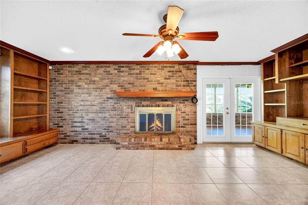 Empty room, Fireplace, Interior, Recessed Lighting, Stone Walls