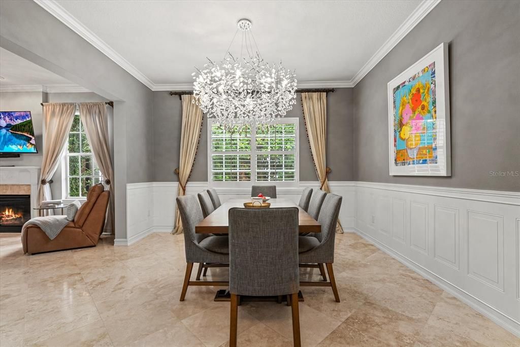 Chandelier, Dining room, Fireplace, Interior