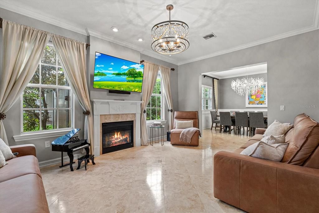 Chandelier, Dining room, Fireplace, Interior, Living room, Recessed Lighting