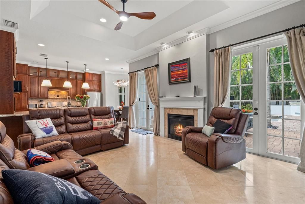Fireplace, Interior, Kitchen, Living room, Pendant Lights, Recessed Lighting