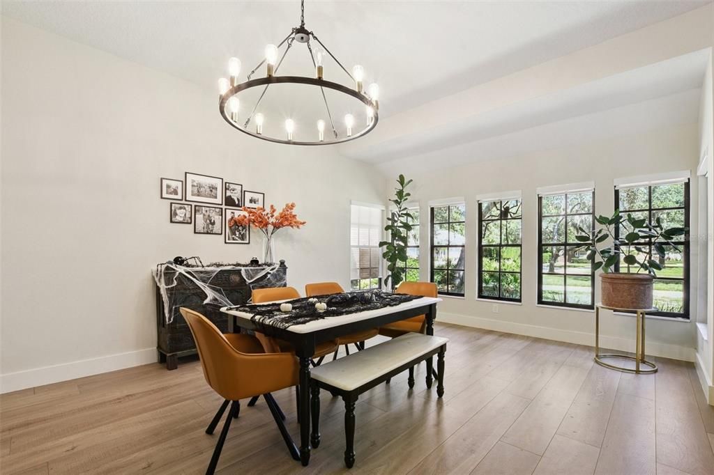 Chandelier, Dining room, Interior, Pendant Lights, Wood Texture Flooring