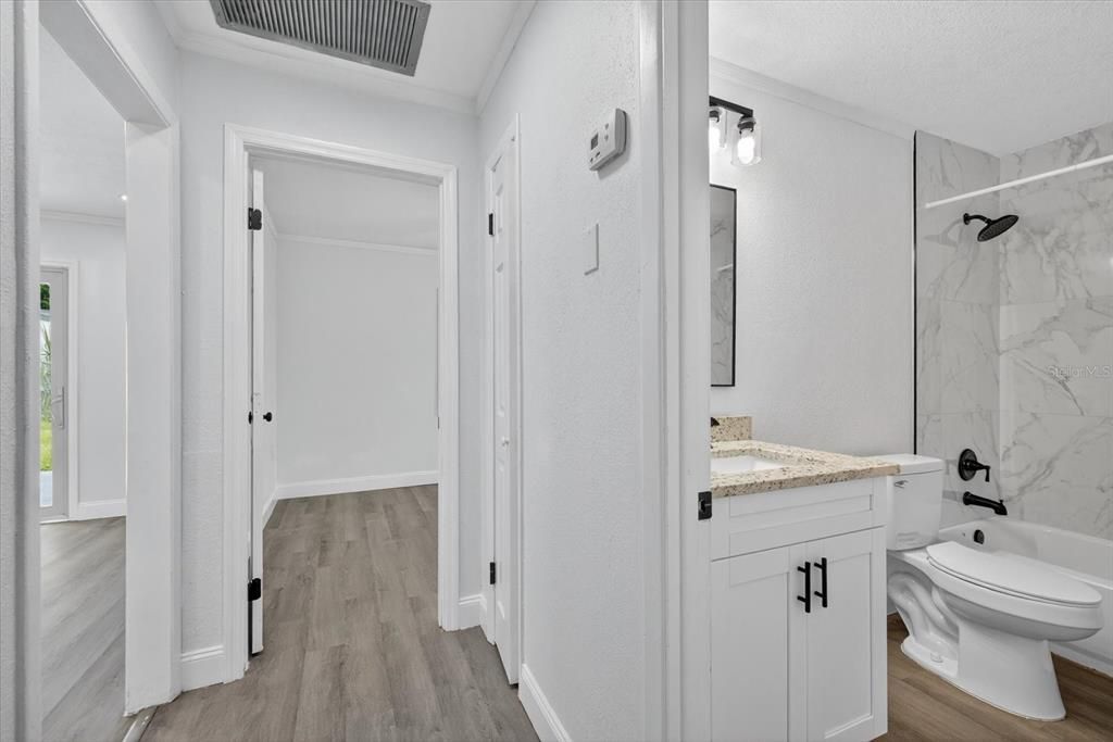 Bathroom, Interior, Marble Walls, Wood Texture Flooring