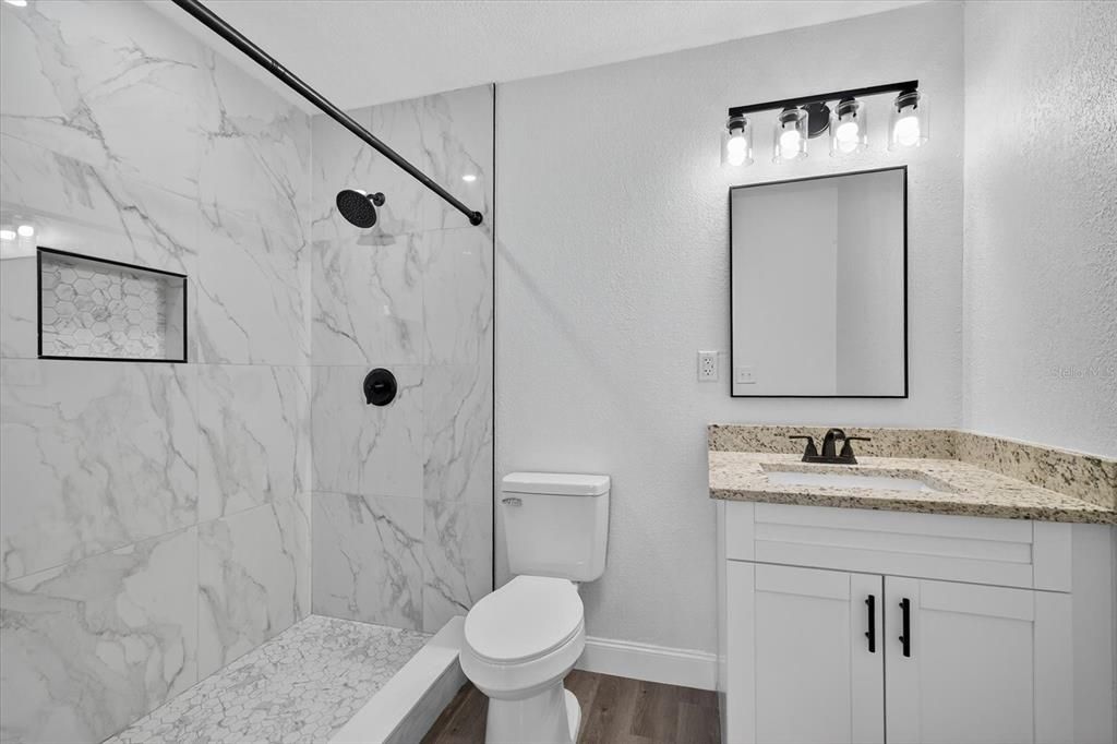 Bathroom, Interior, Marble Walls, Wood Texture Flooring