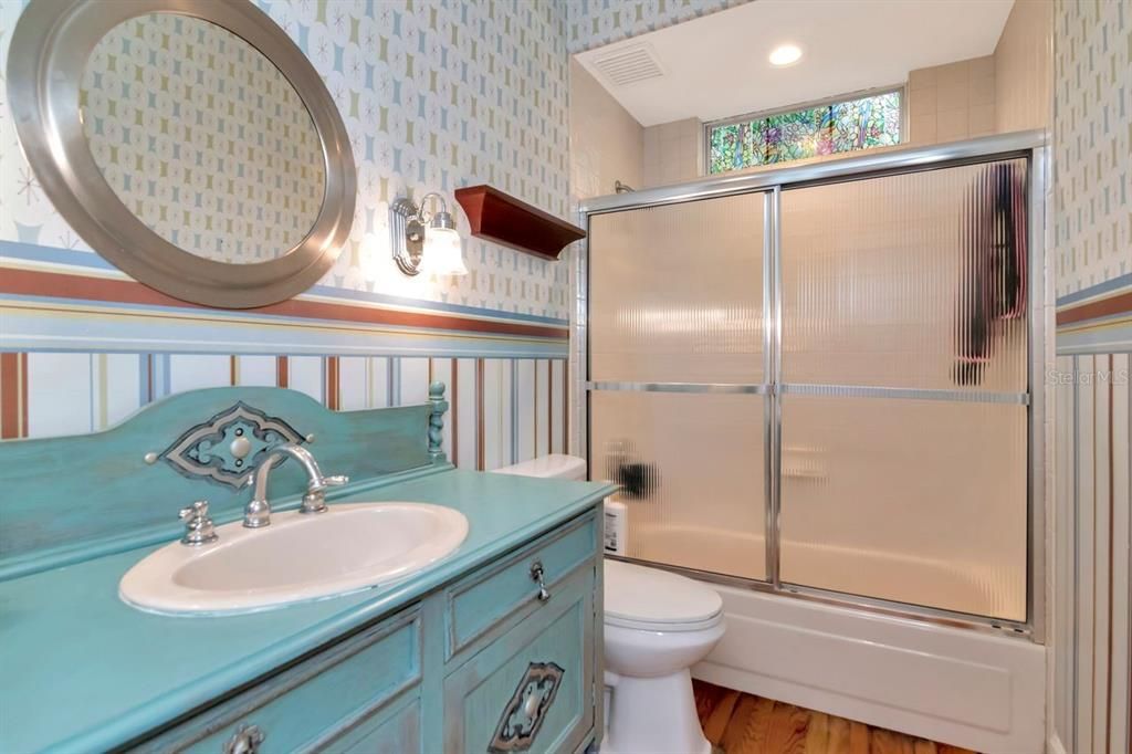 Bathroom, Glass Shower, Interior, Recessed Lighting, Wood Texture Flooring