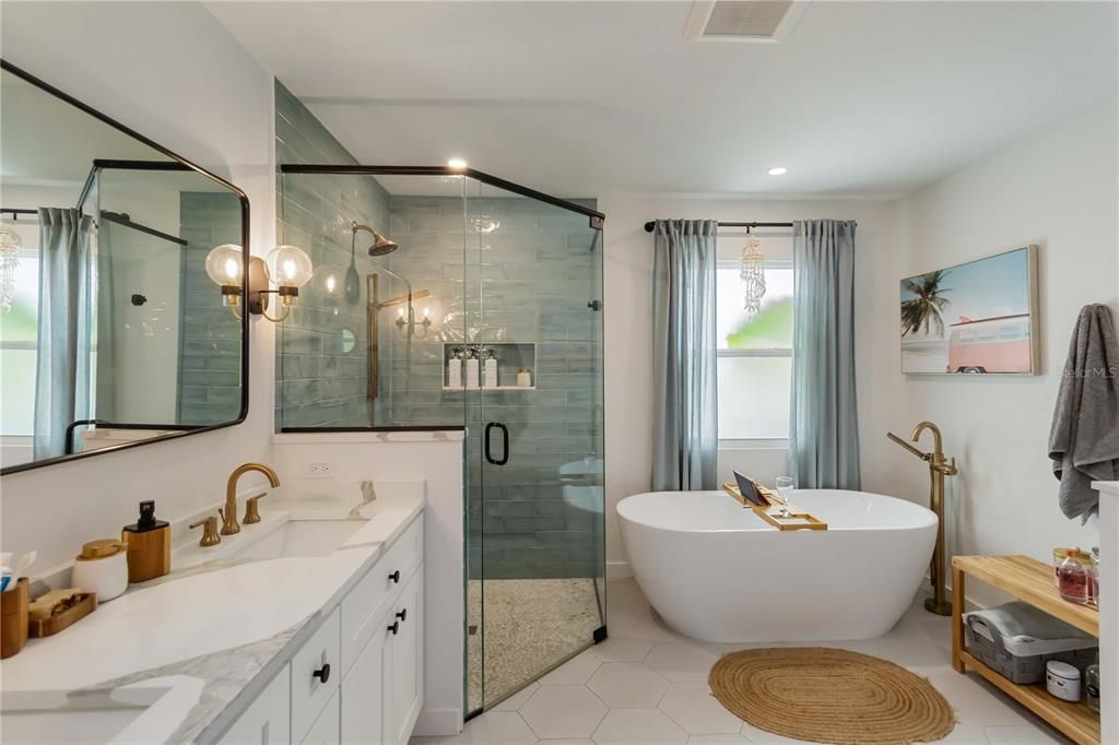 Bathroom, Dual Sink Vanities, Free Standing Baths, Glass Shower, Interior, Recessed Lighting