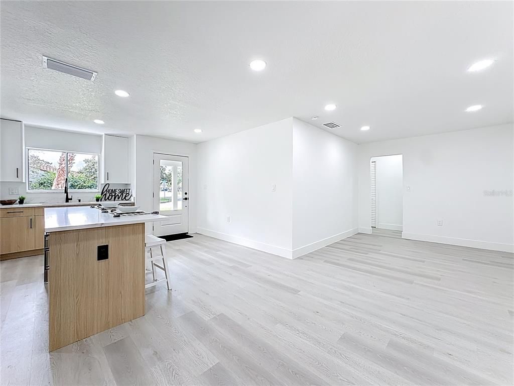 Empty room, Interior, Kitchen, Recessed Lighting, Wood Texture Flooring