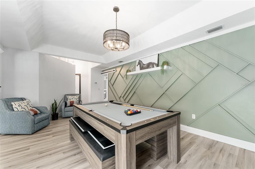 Billiard Table, Chandelier, Game Room, Interior, Pendant Lights, Wood Texture Flooring