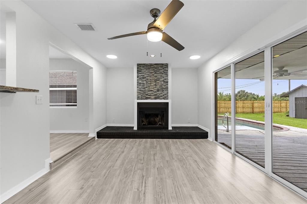 Empty room, Fireplace, Interior, Recessed Lighting, Wood Texture Flooring