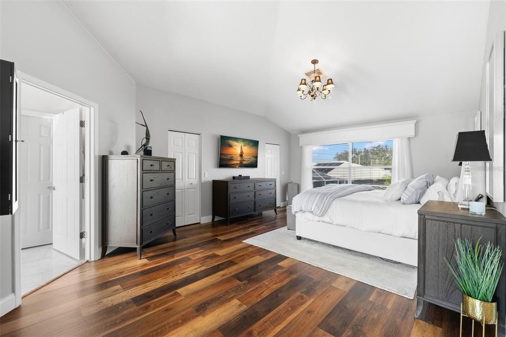 Bedroom, Chandelier, Interior, Wood Texture Flooring